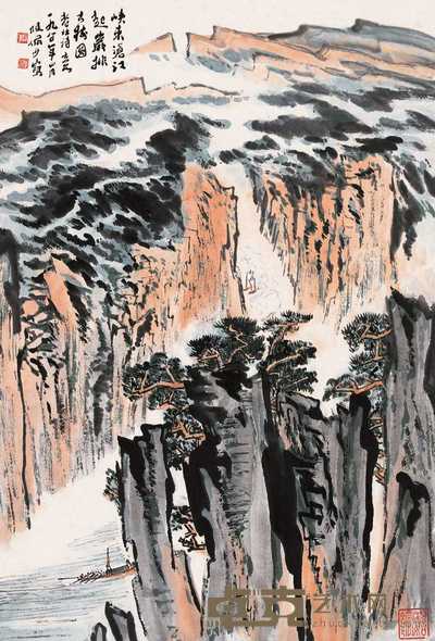 陆俨少 峡江航帆图 镜心 68×46cm